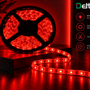 12V Red LED Strip Light, 4.8W/m, 8mm Width, IP65 Rated, 5m Roll